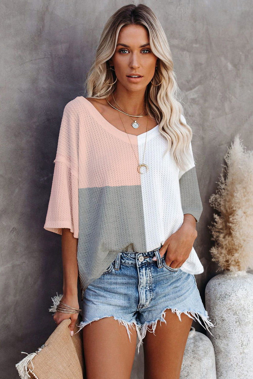Women's Waffle Wide Sleeve Oversized Top
