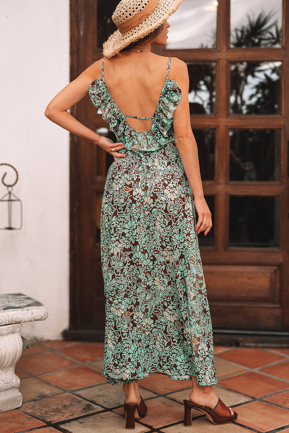 Green Floral Print Backless Tassel Waist Maxi Dress