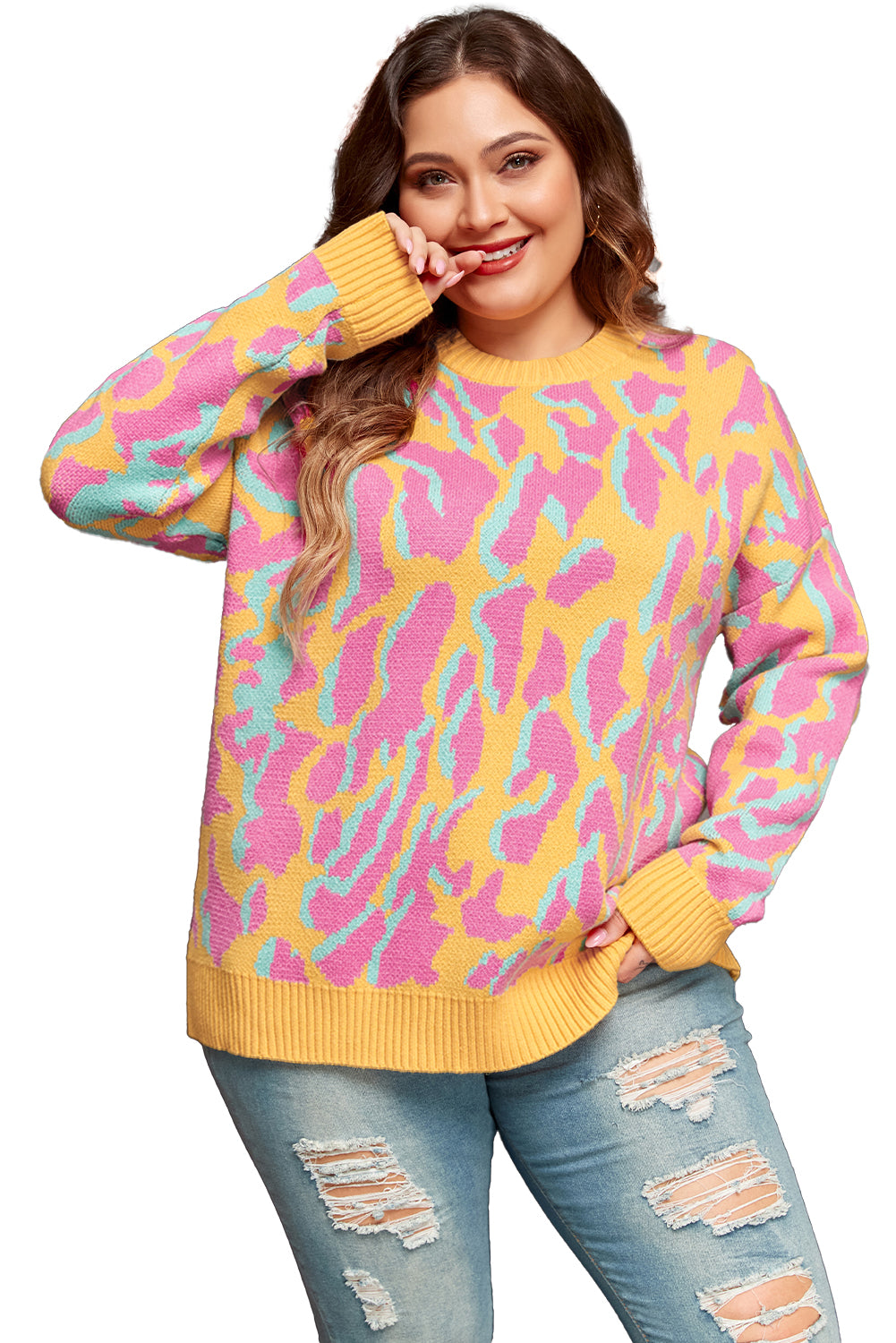 Women's Trim Plus Size Leopard-Print Rib-Knitted Sweater