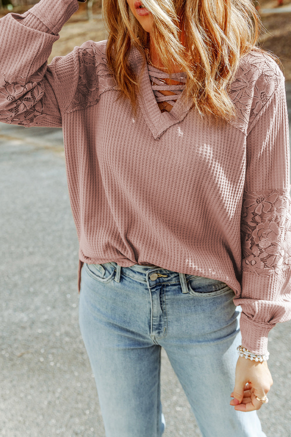 Women's Top with Long-Sleeve Lace-Trimmed Waffle V Neck