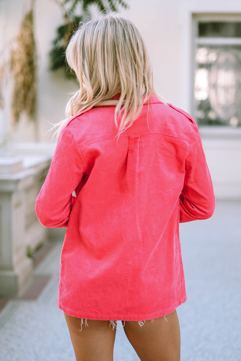 Women's Jacket with Flap Pocket Pink Cord Button-Front