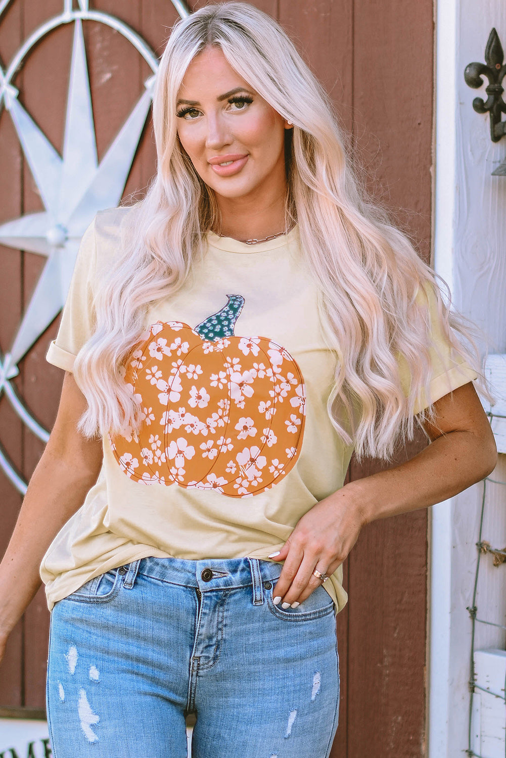 Women's Tee Featuring Sweet Floral-Print Pumpkin Graphic-Print