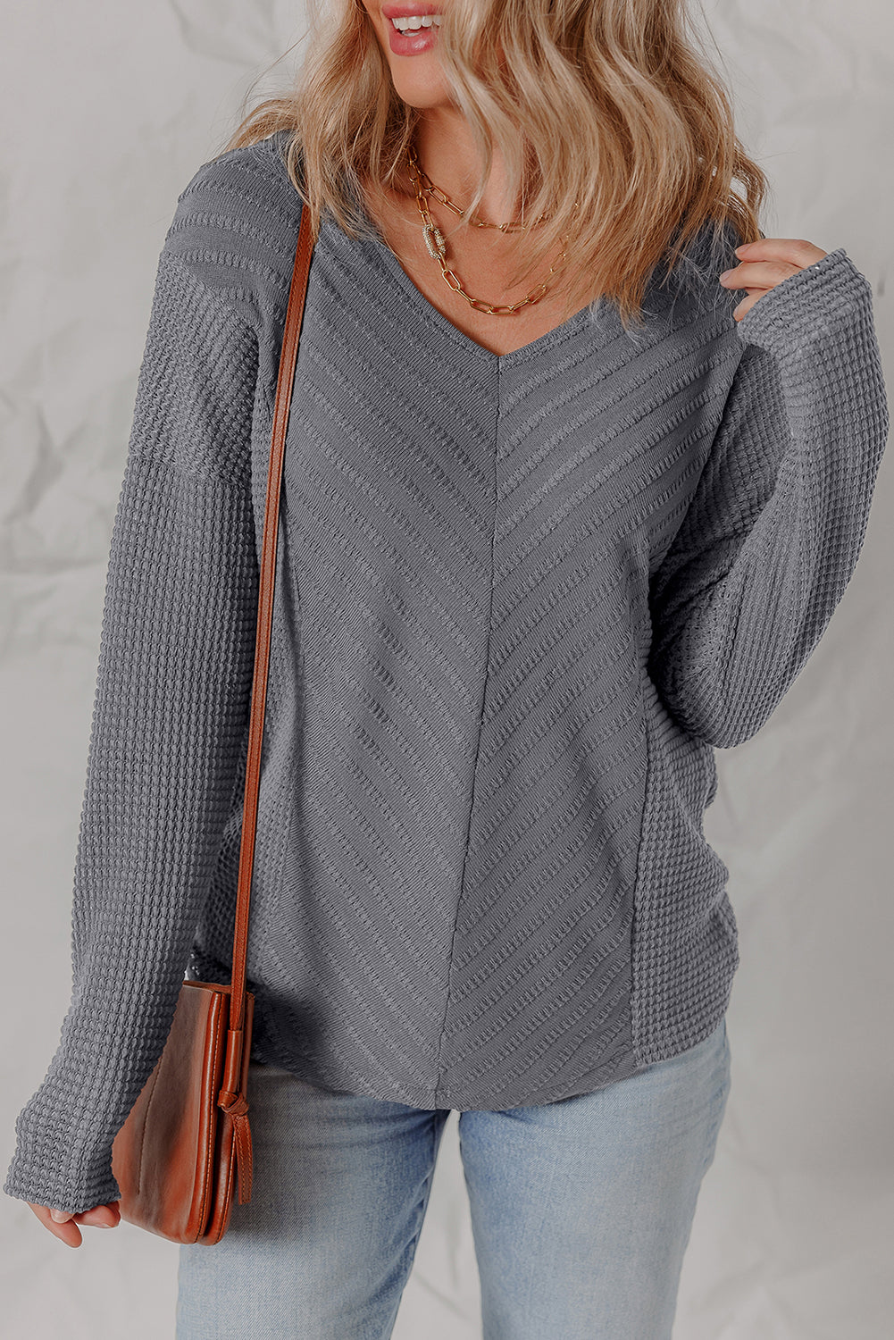 V-Neck Patchwork Chevron Texture Long-Sleeved Knit Top