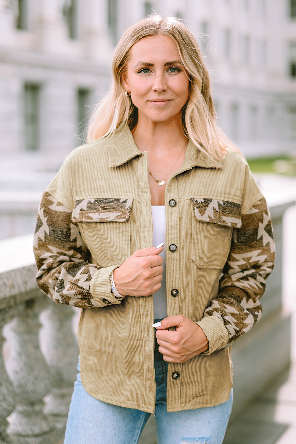 Women's Aztec-Pattern Patchwork Frayed Edge Khaki Cord Jacket