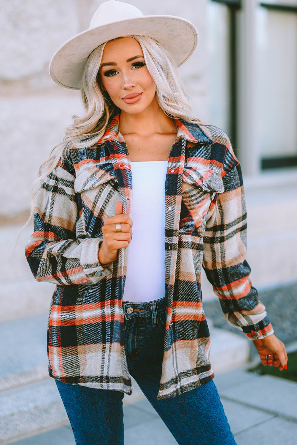 Shacket for Women Pocket-Detail Geometric Plaid