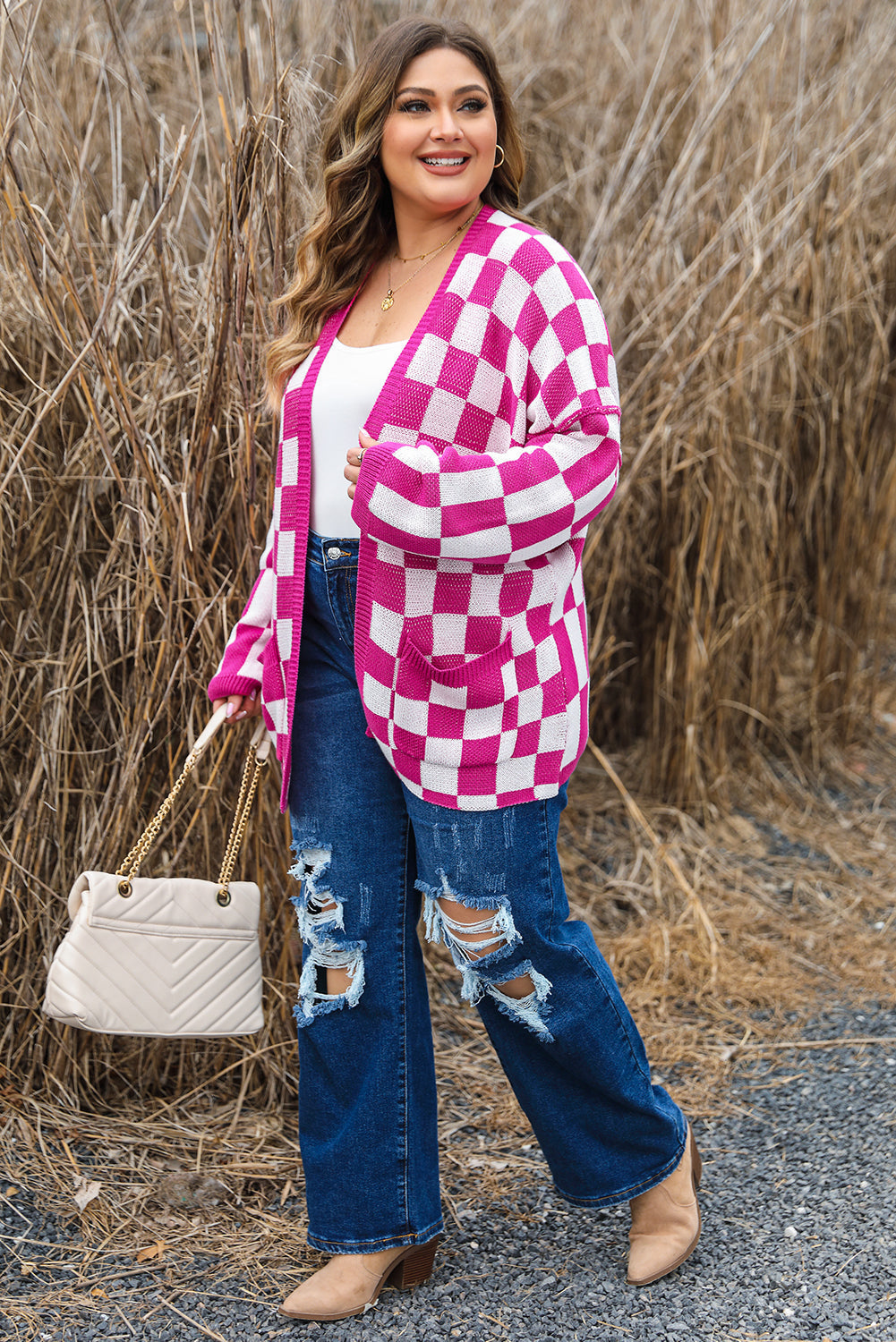 Women's Checked Pattern Plus Size Cardigan