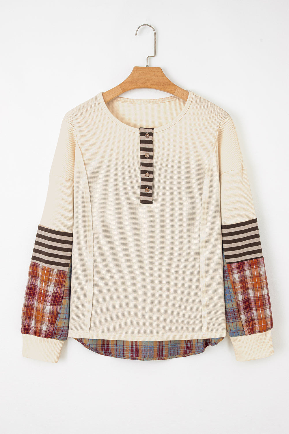 Stripe Plaid Waffle Plaid Patchwork Henley Knit Top