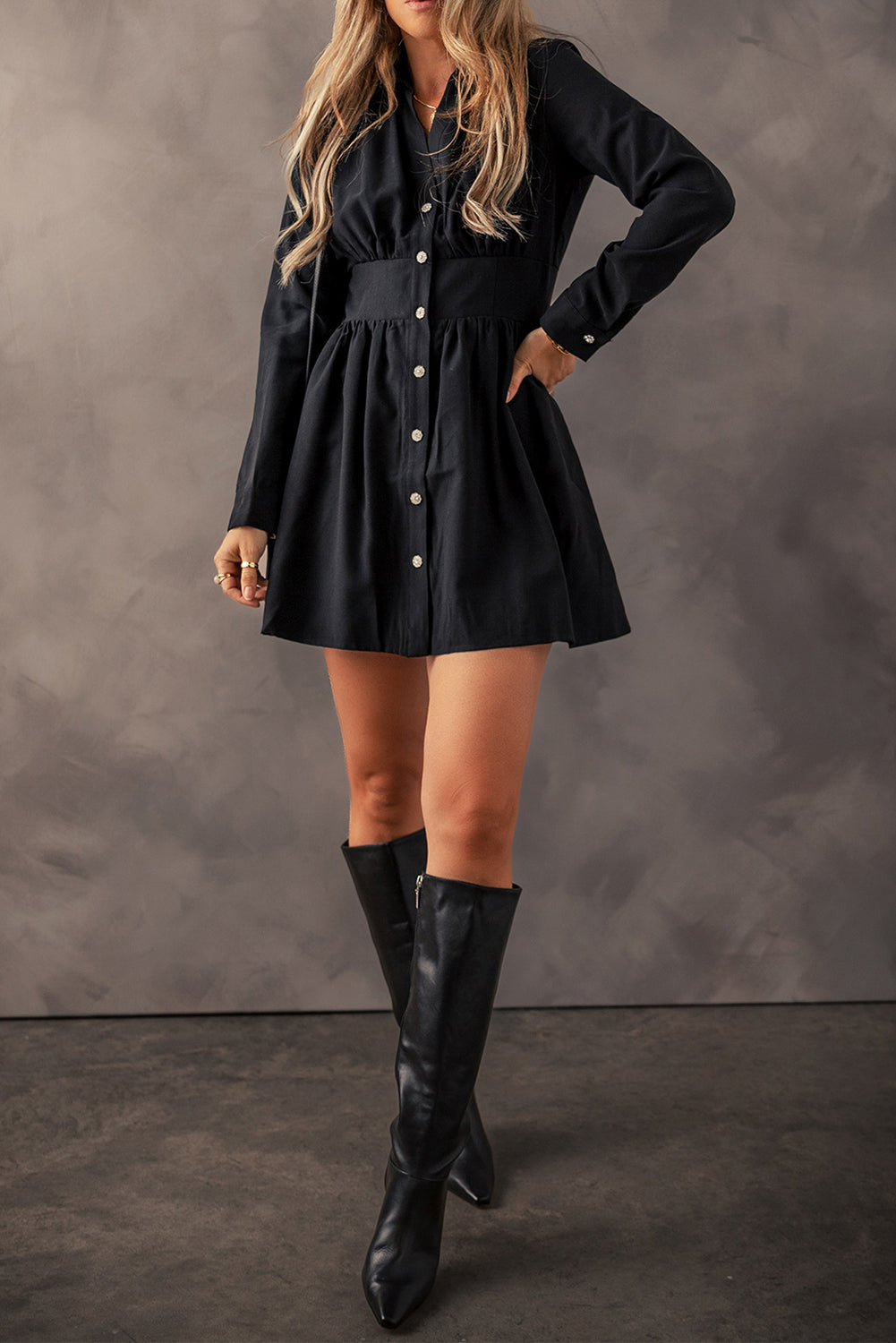 Women's Mini Dress with High-Rise Shirt Elastic Cinched