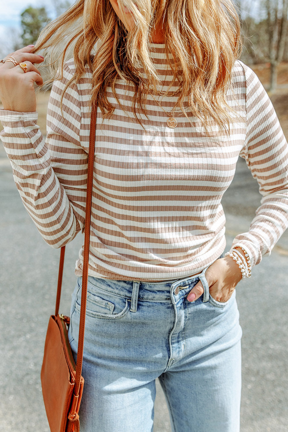 Women's Long-Sleeve Striped Textured Knitted Tee