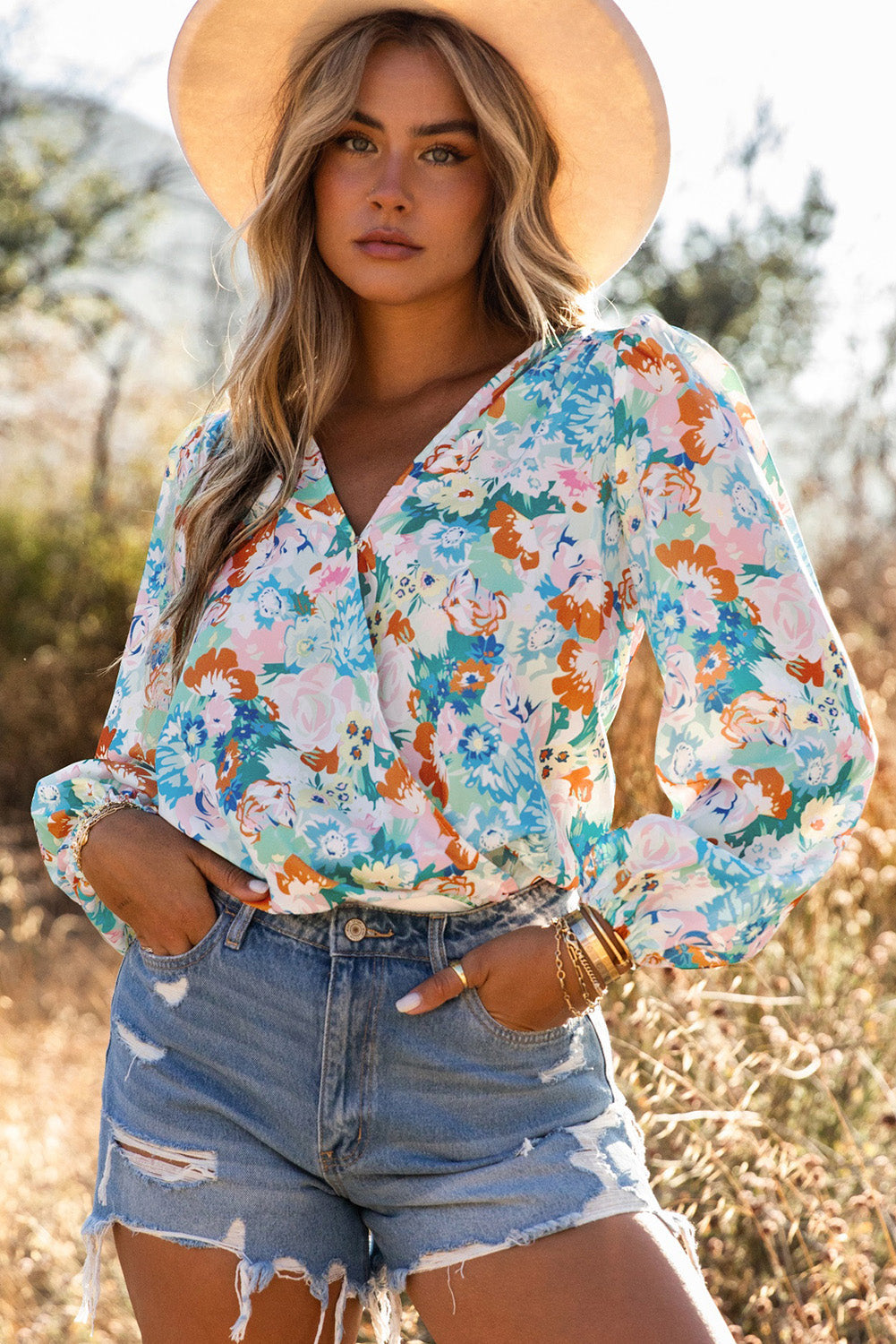Bodysuit for Women Floral-Print Print Wrap