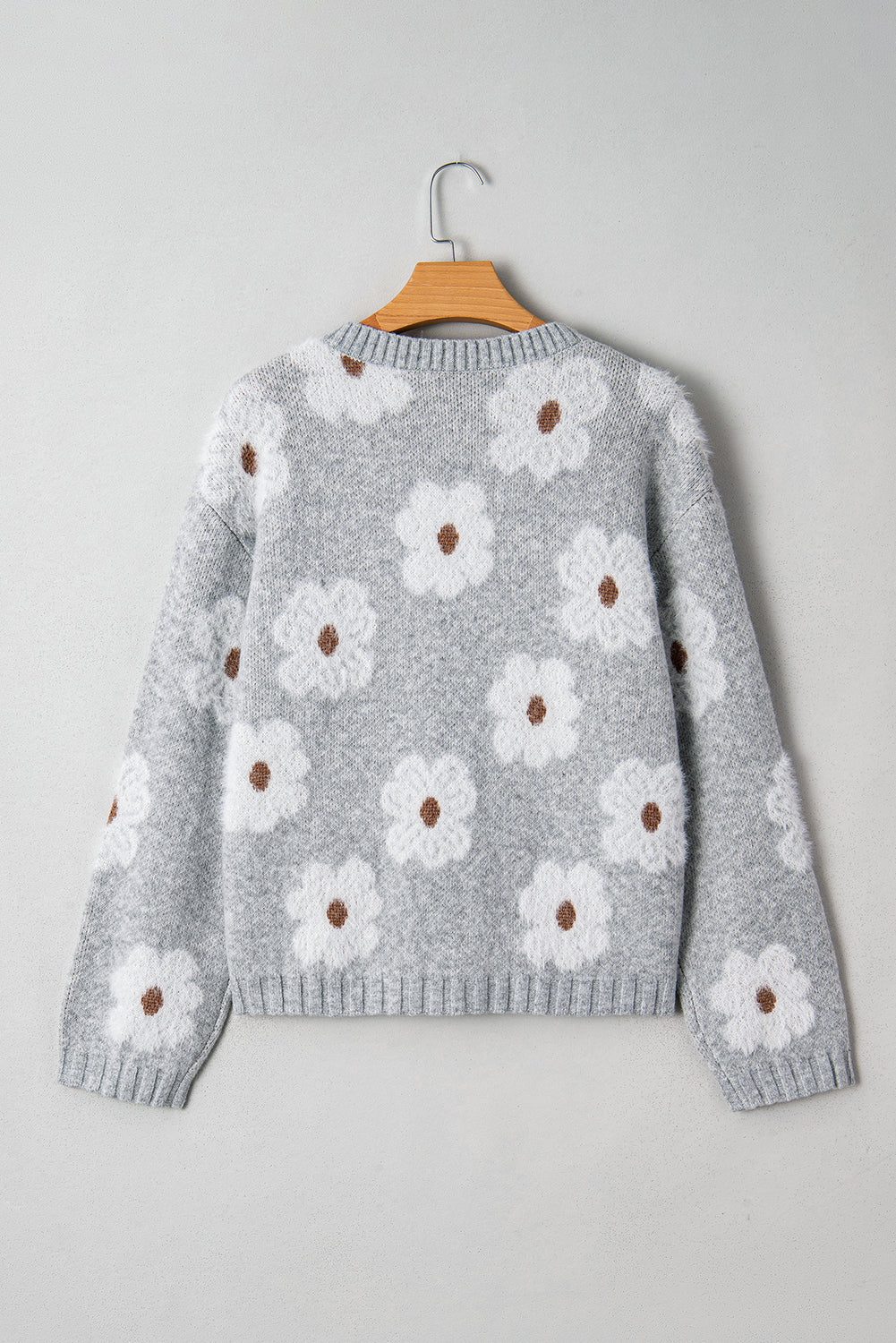 Print Cute Flower V-Neck Drop-Shoulder Baggy Knit Top