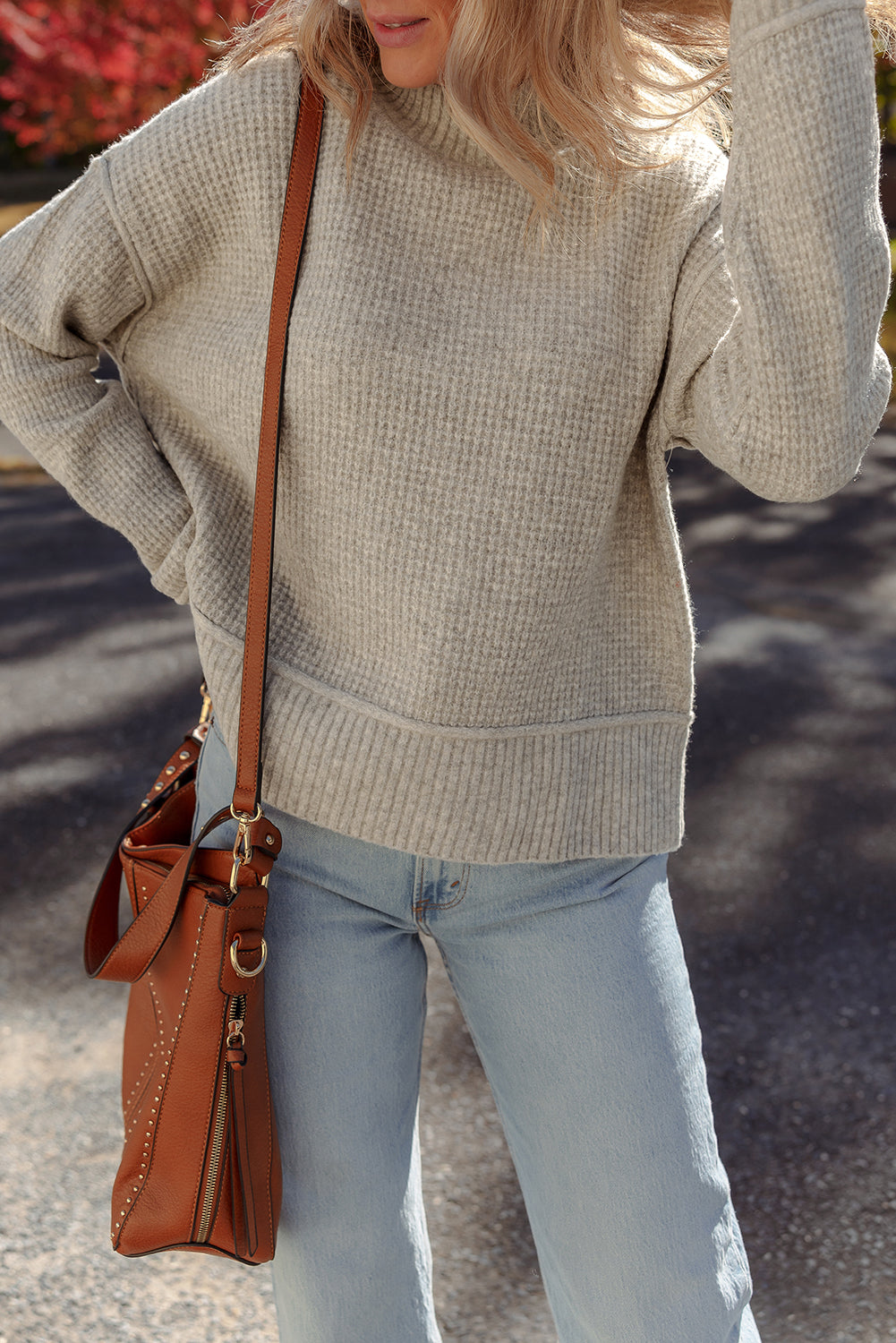Waffle Rib-Knit Texture Knit High Neck Drop-Shoulder Knit Top