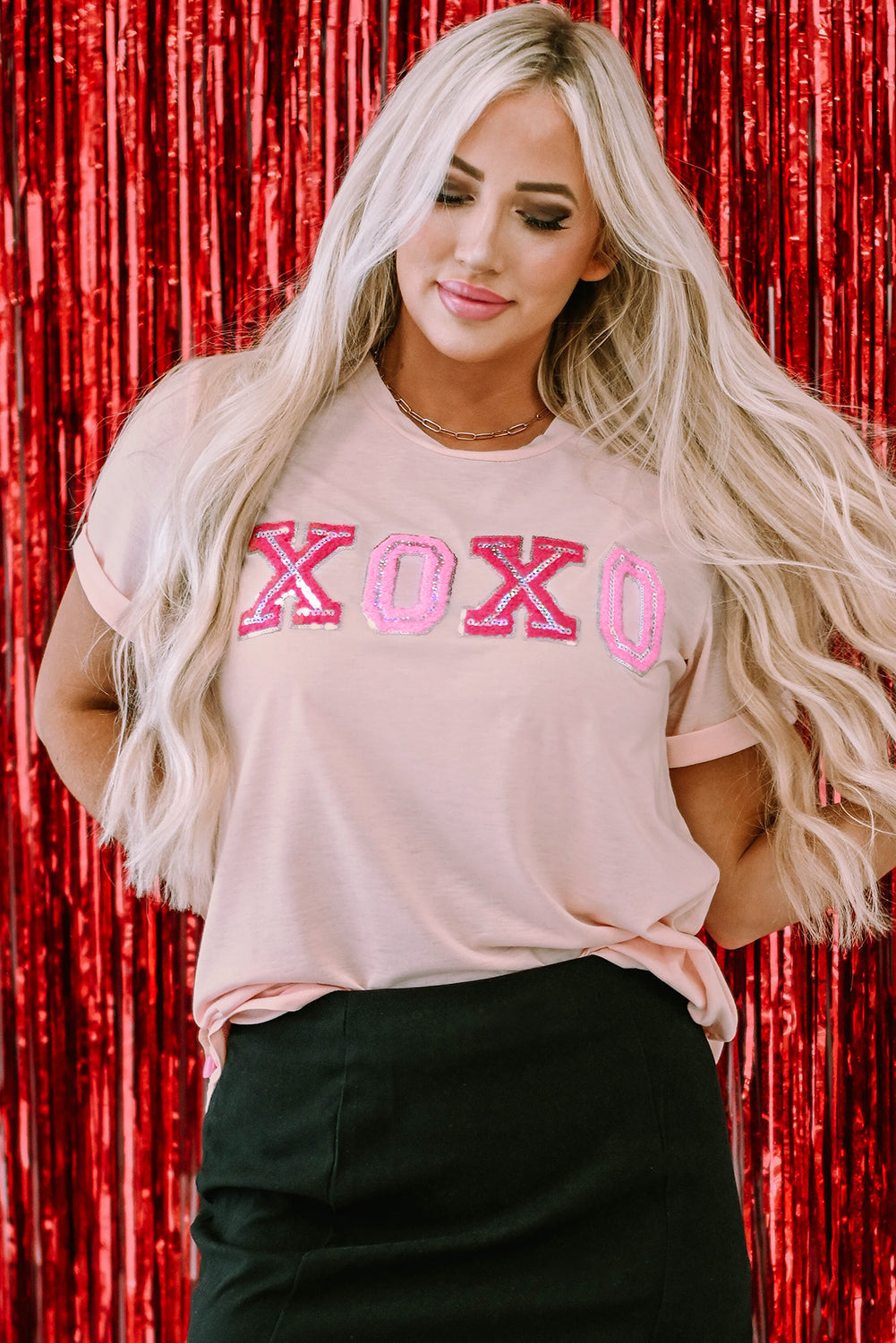 Women's XOXO Graphic-Print Valentines Shiny T-shirt