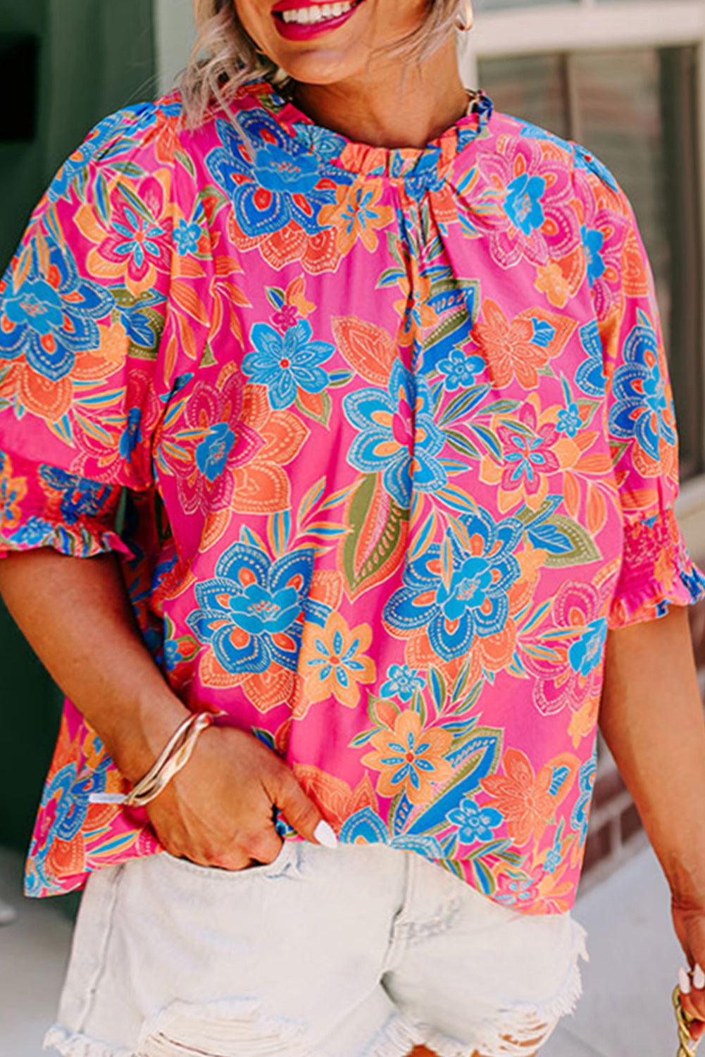 Women's Blouse Featuring Floral-Print Frill-Trimmed Plus Size
