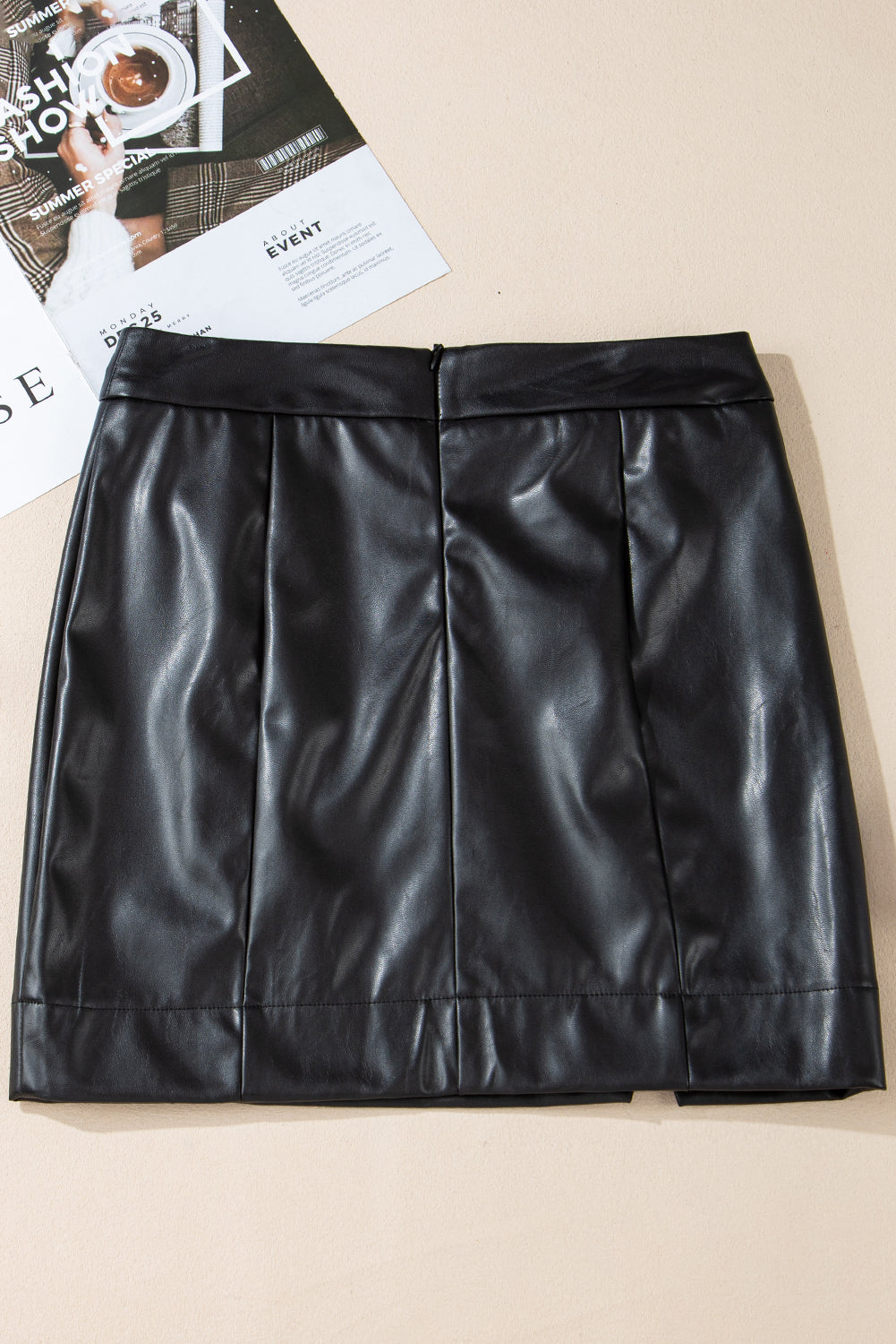 Leather Side PU Side Slits Slim Fit High-Waisted Mini Skirt in Black