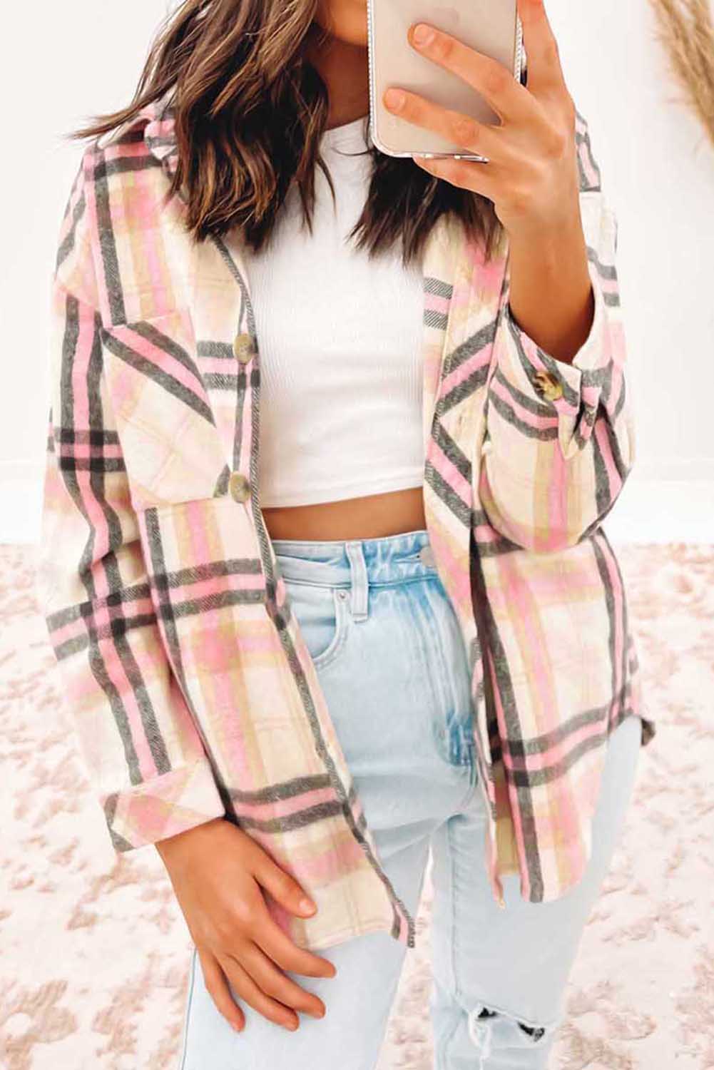 Women's Shacket Featuring Plaid Button Chest Pocket