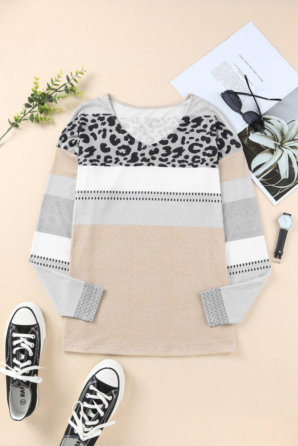Women's Top with Leopard-Print Color-Block V Neck