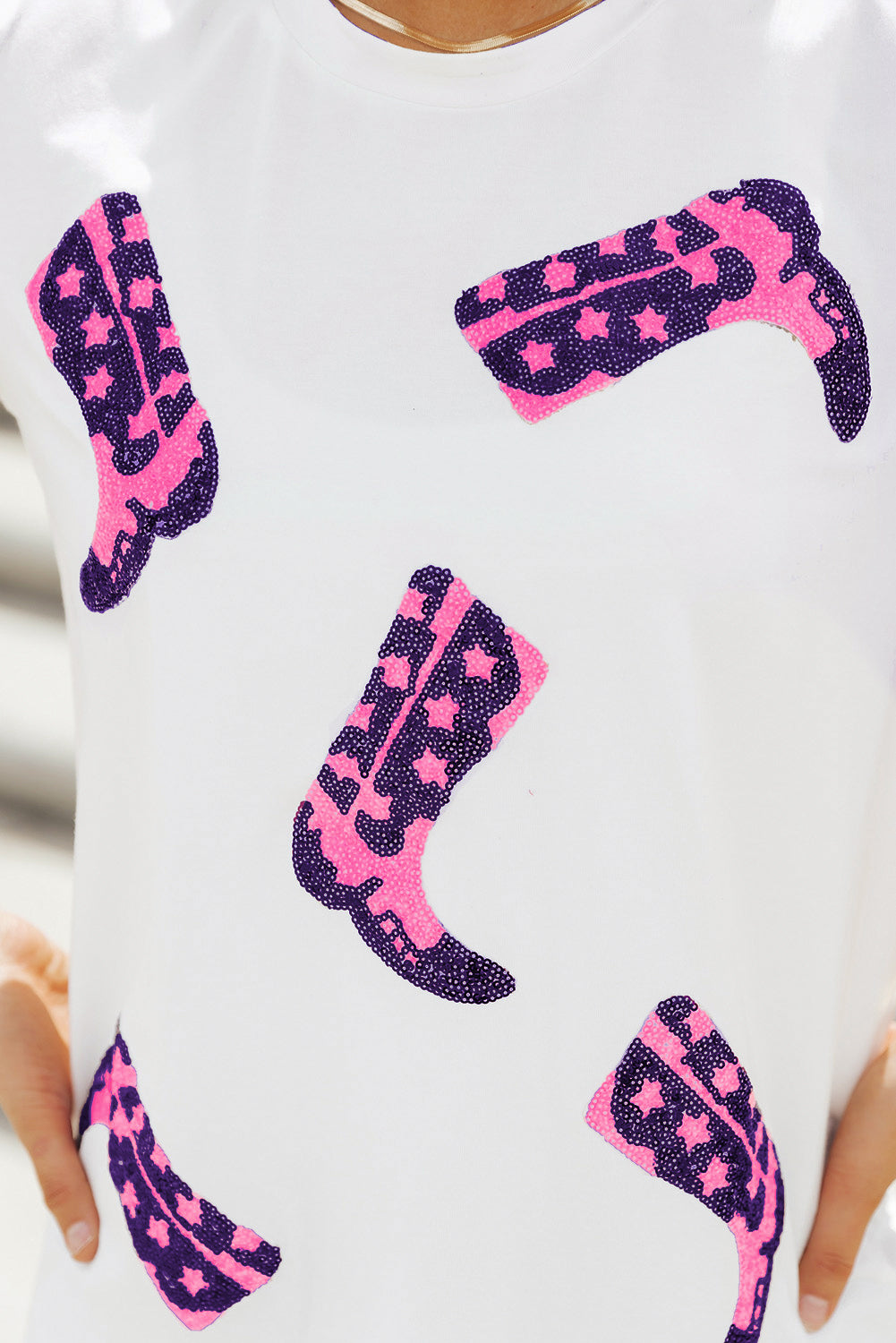 Women's T Shirt Featuring Neck Sequin Western Boots Round