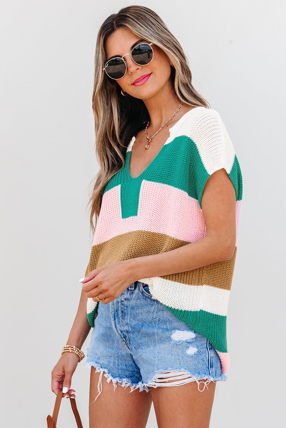 Colorblock Knit Notch V-Neck Top T Shirt
