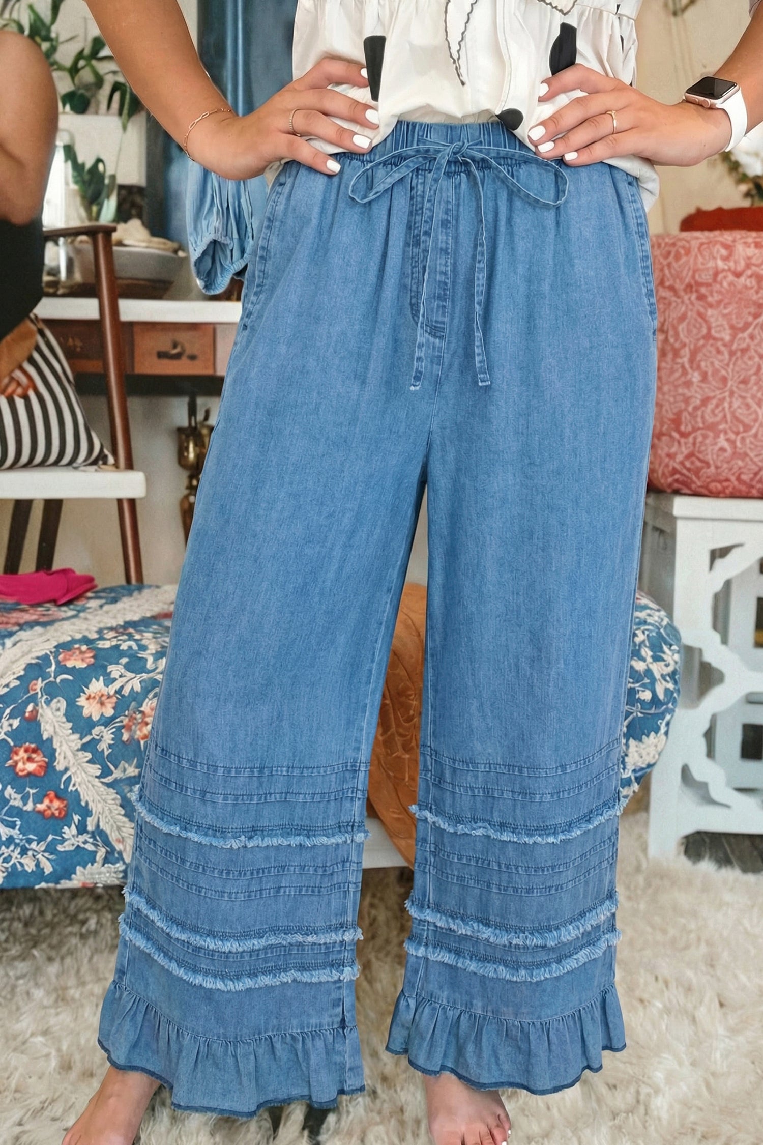 Dusk Hem Blue Ruffled Wide-Leg Chambray Pants