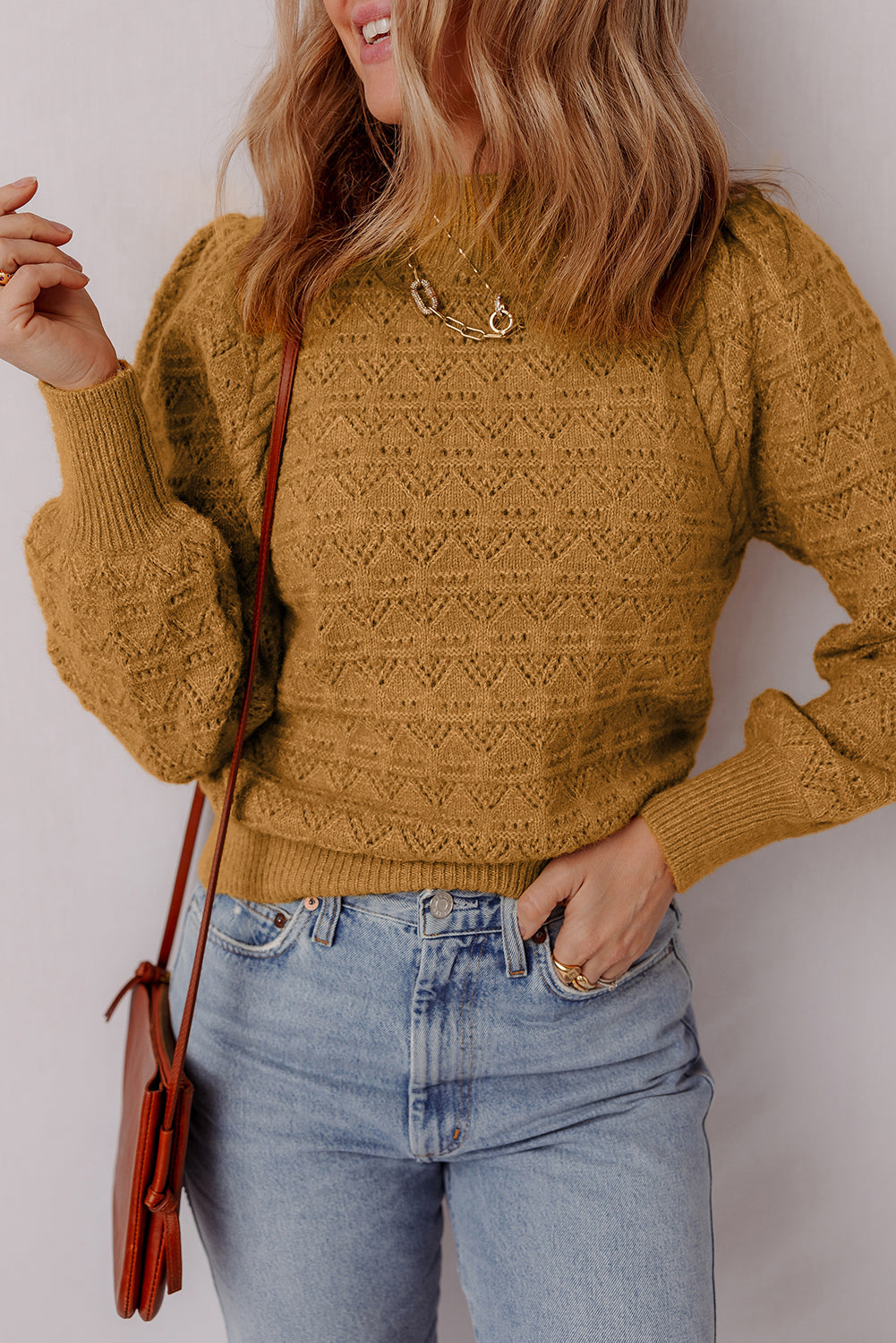 Hollow Out Crochet Rib-Knit Edge Balloon Sleeve Knit Top