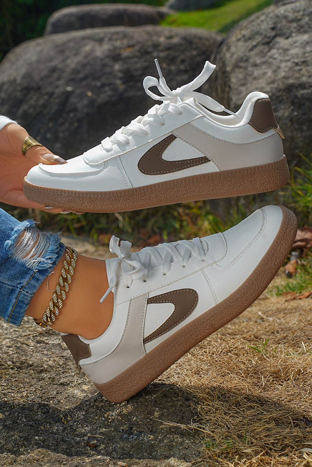 Color Contrast PU Leather Lace-up Sneakers