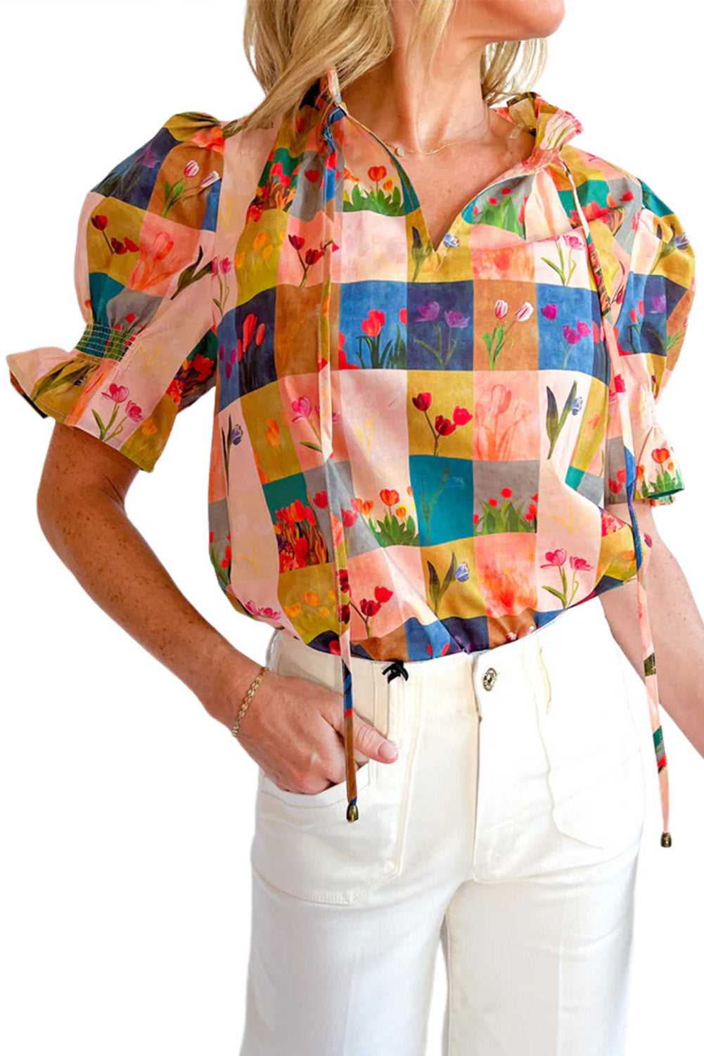 Floral Checker Print Ruffled Short Puff Sleeve Blouse