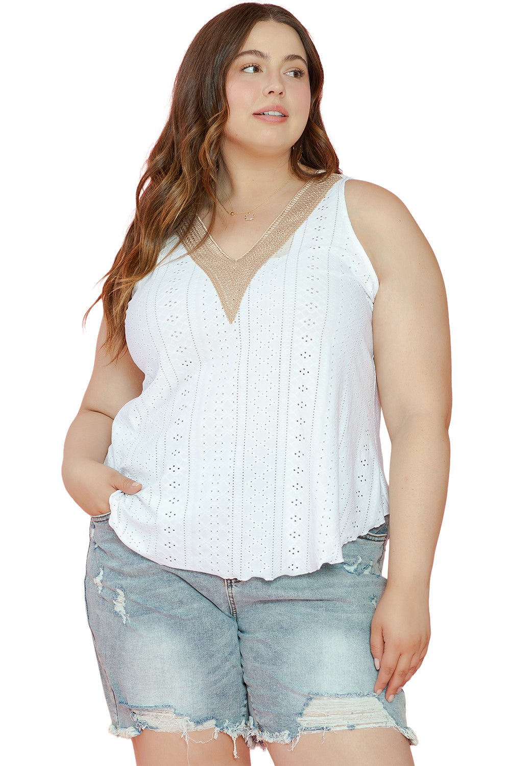 Women's Tank Top Featuring Lace-Trimmed Plus Size V Neck
