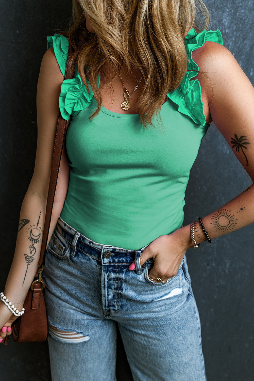 Women's Tank Top with Slim Ruffle-Trimmed Wide Straps Everyday Style