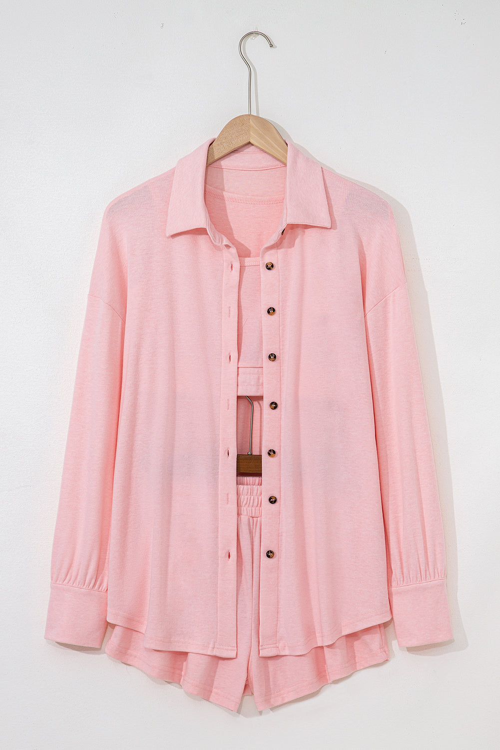 Crop 3 Pcs Tank Top Shorts with Cardigan Lounge Set in Pink