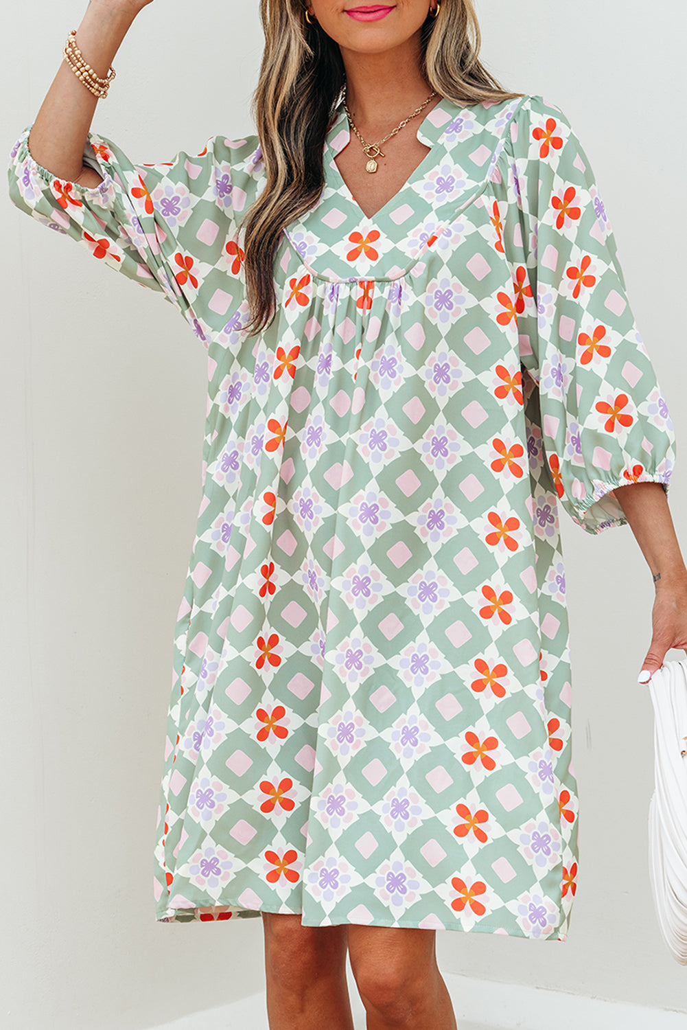 Geometric Floral Print 3/4 Sleeve Notched Neck Mini Dress