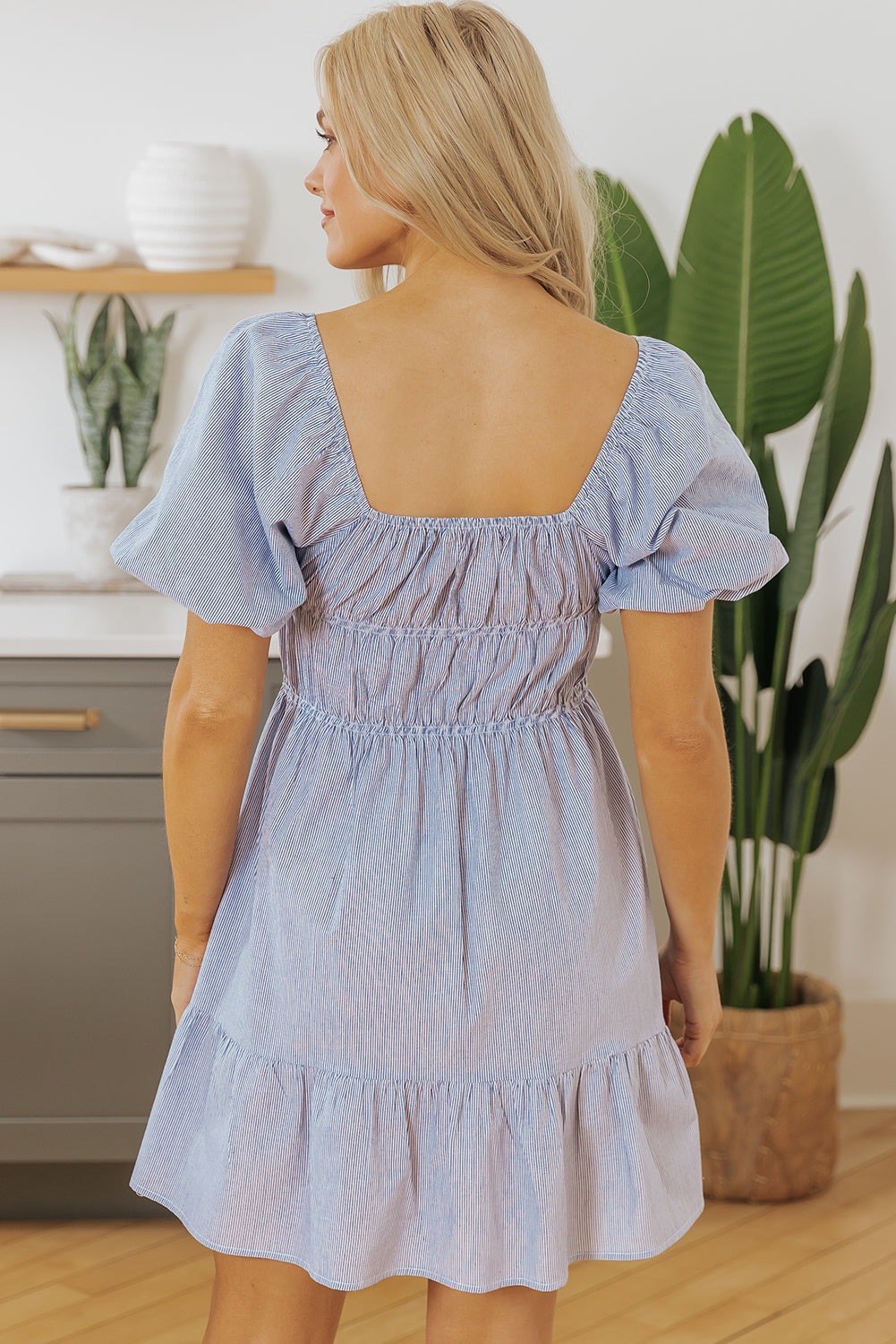 Cute Sky Blue Stripe Square Neck Ruched Babydoll Dress
