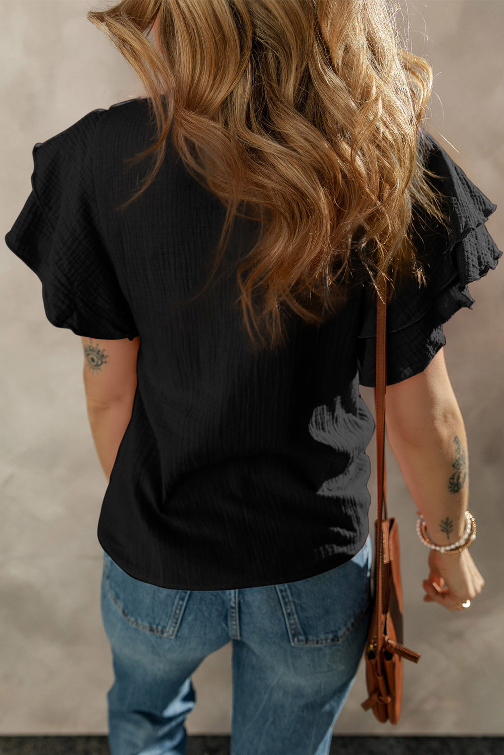 Crinkled Cotton Gauze Ruffle Sleeve Blouse