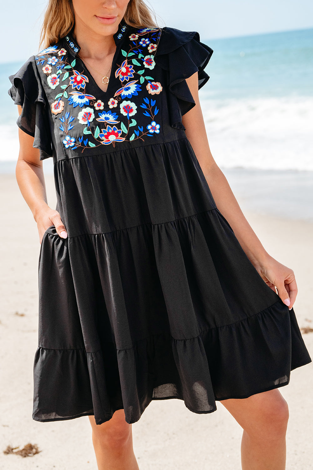 Women's Mini Dress Featuring Layered Ruffle-Trimmed Floral-Print
