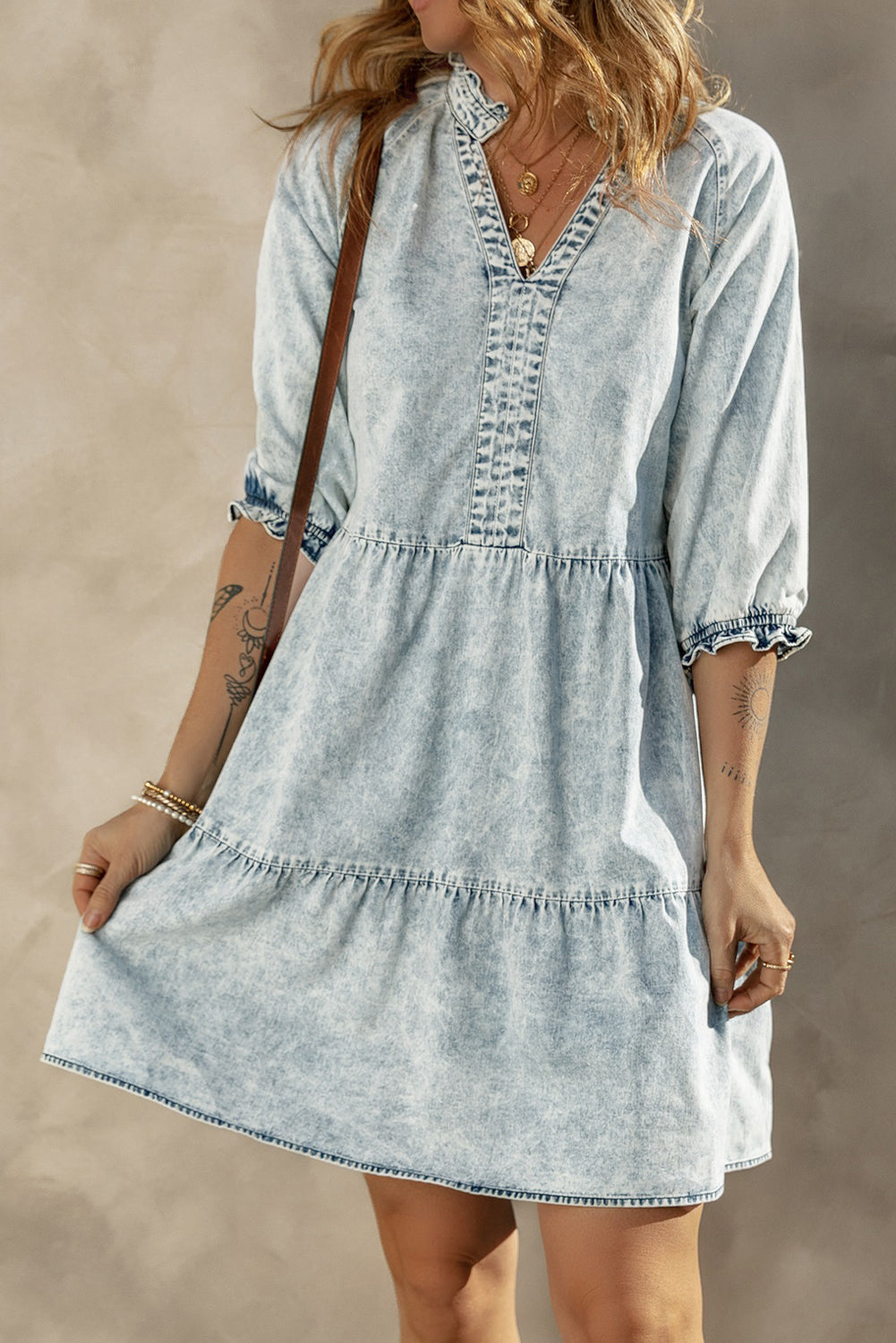 Dress for Women Denim Wash Retro Half Sleeve