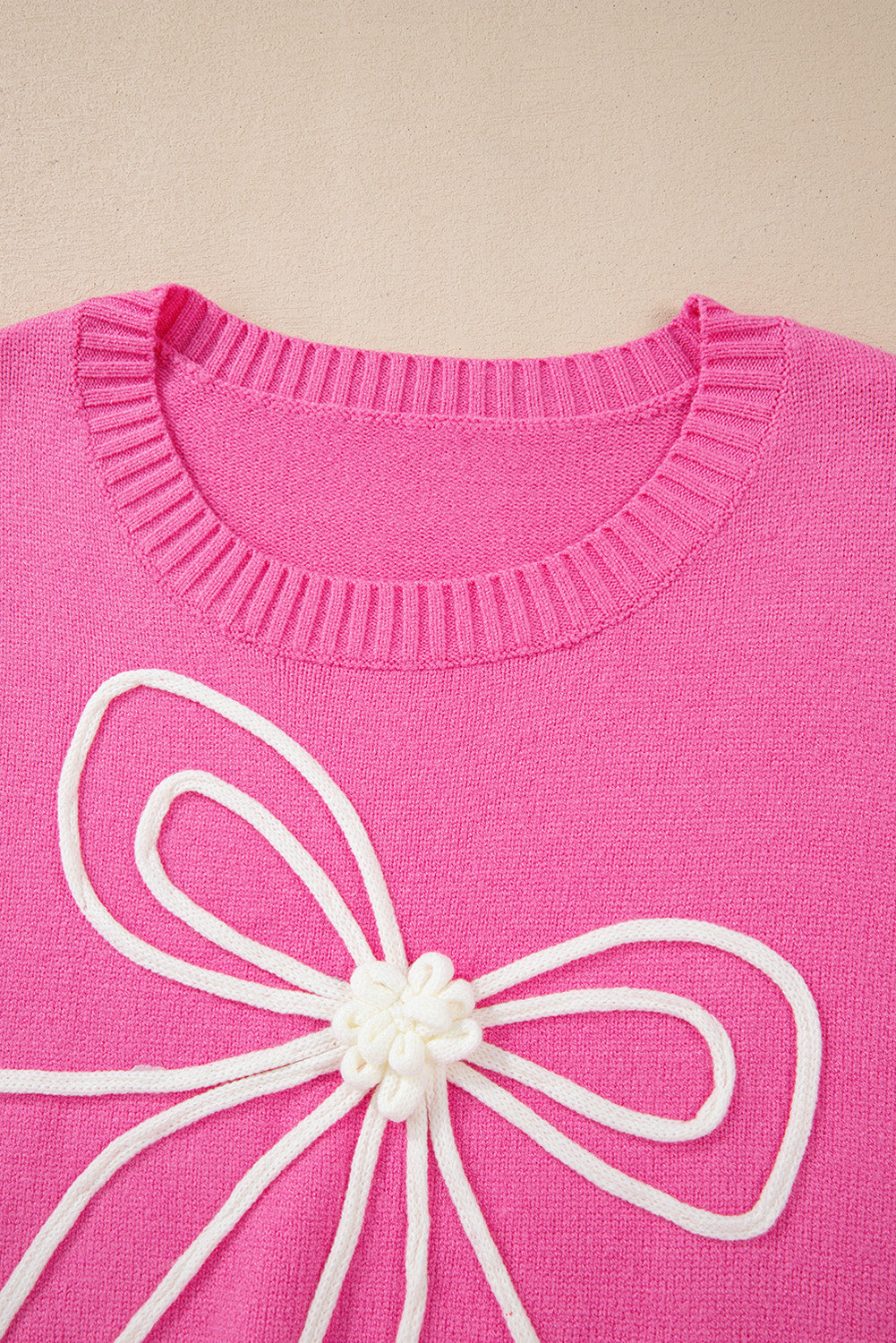 Cute Pink Corded Flower Bow Ribbed Trim Sweater