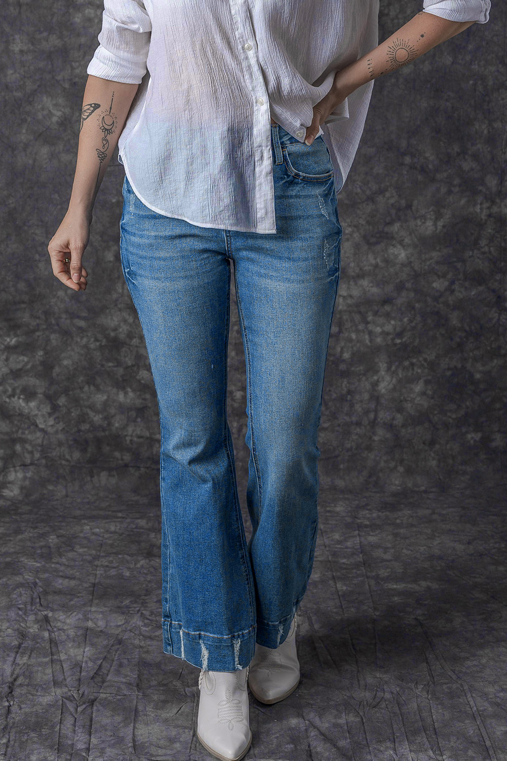 Women's Flare Jeans with Slight Distressed Wash