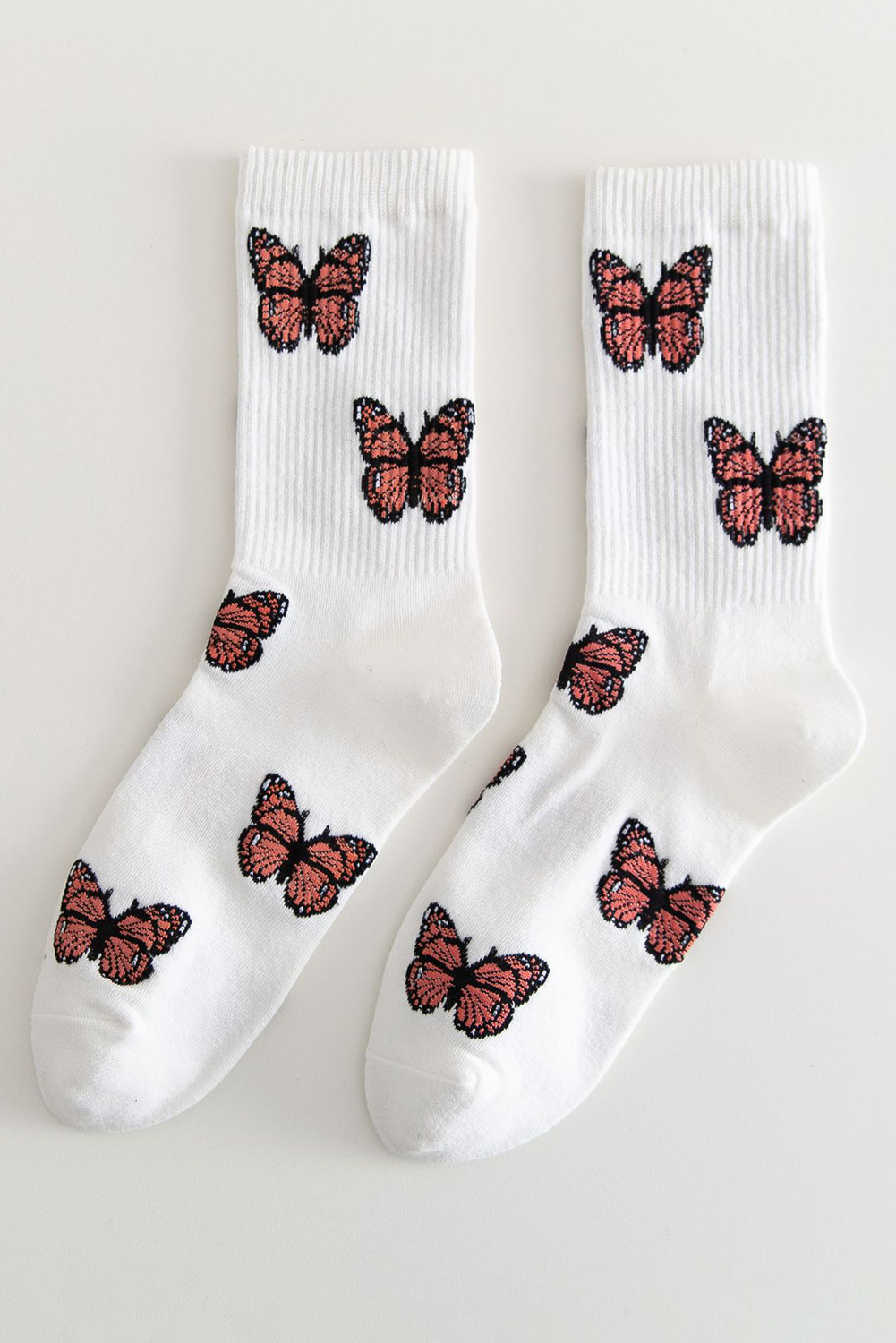 Pattern Rib-Knit Butterfly Rib-Knit Edge Soft Crew Socks