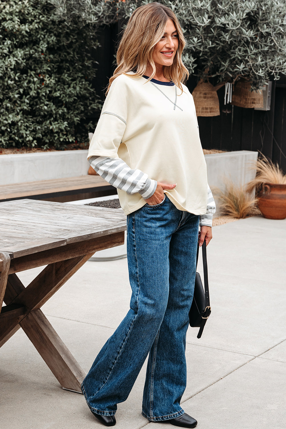 Long-Sleeved Striped Patchwork Round-Neck Two-in-one Top in Beige