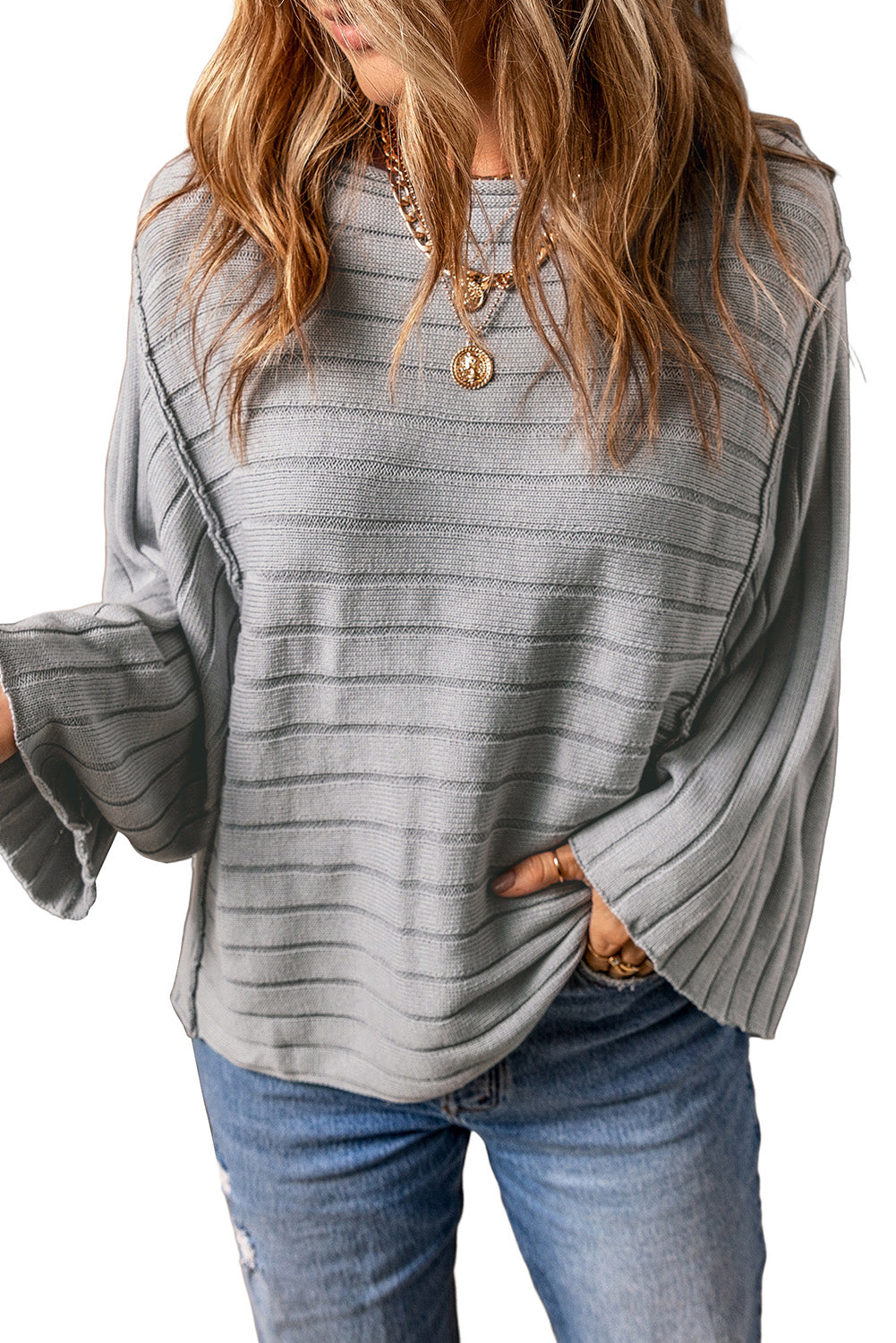 Women's Top Featuring Knitted Dolman Exposed Seam Rib-Knitted
