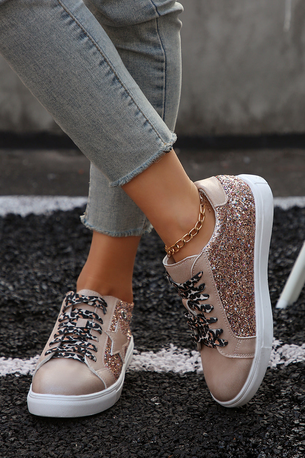 Patchwork Star Sequin Leopard Lace-up Shoes