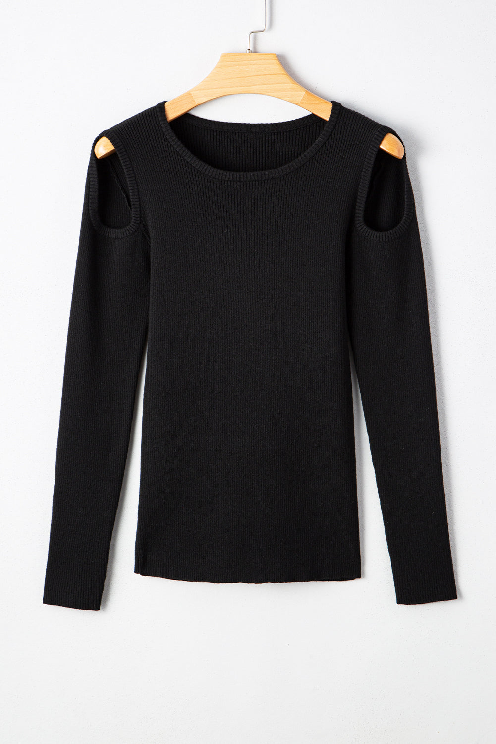 Rib-Knit Knit Cold Shoulder Knit Top in Black