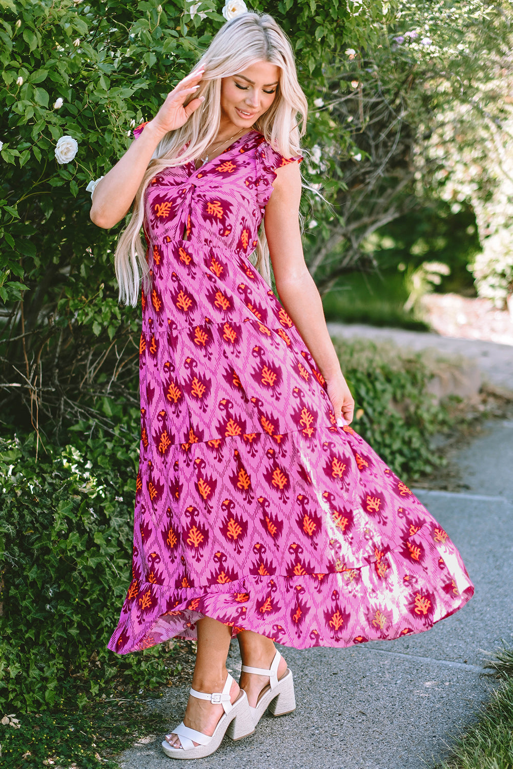 Women's Maxi Dress with Ruffle-Trimmed Sleeve Twist-Front