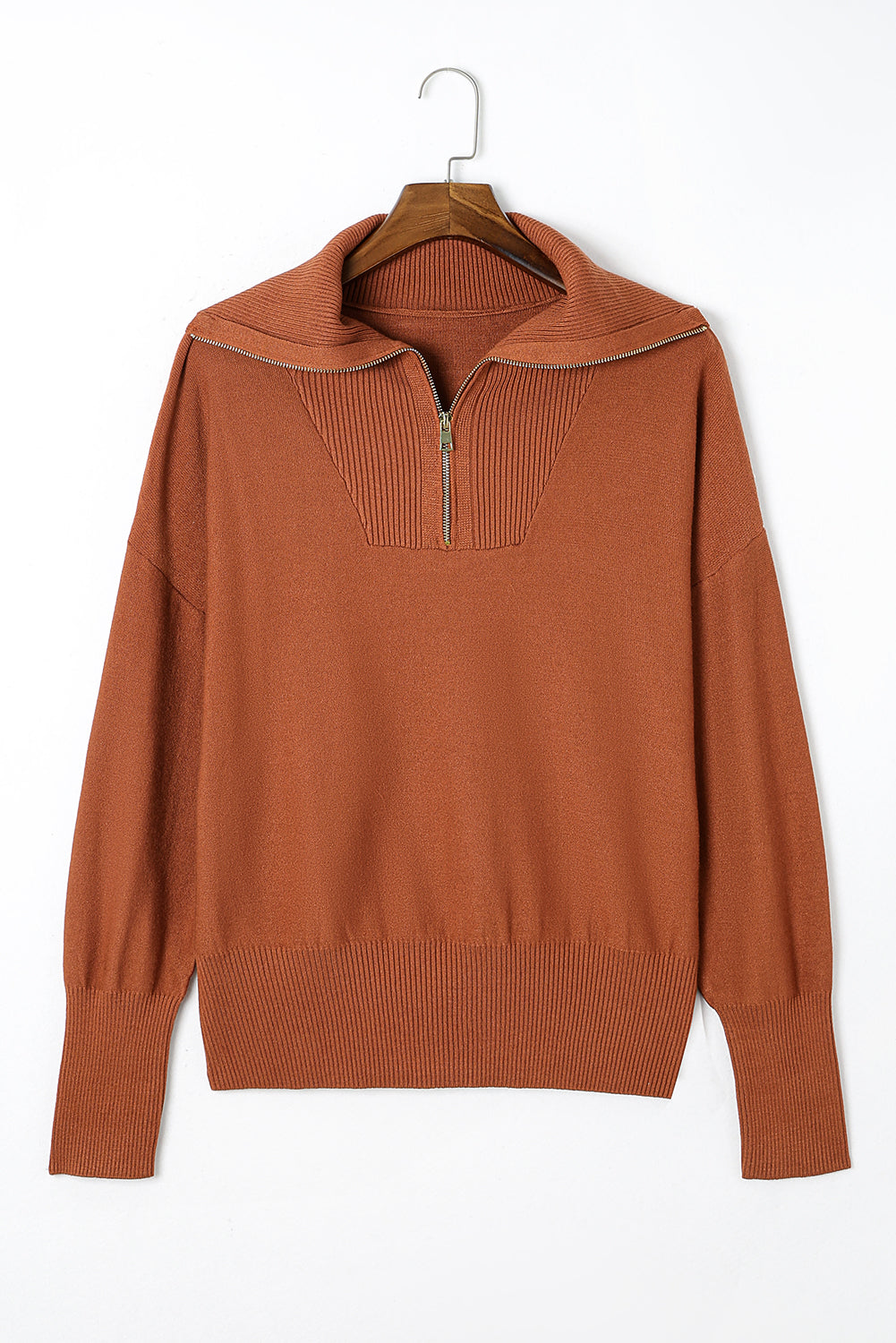 Women's Sweater Featuring Rib-Knitted Trim Plus Size Zip Collar