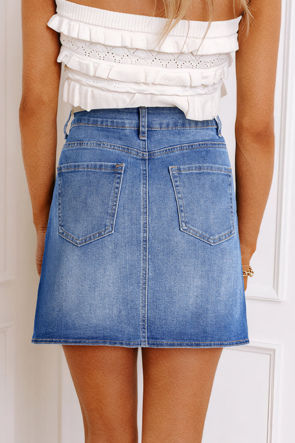 Waist Wrapped Crossed Denim Mini Skirt in Ashleigh Blue