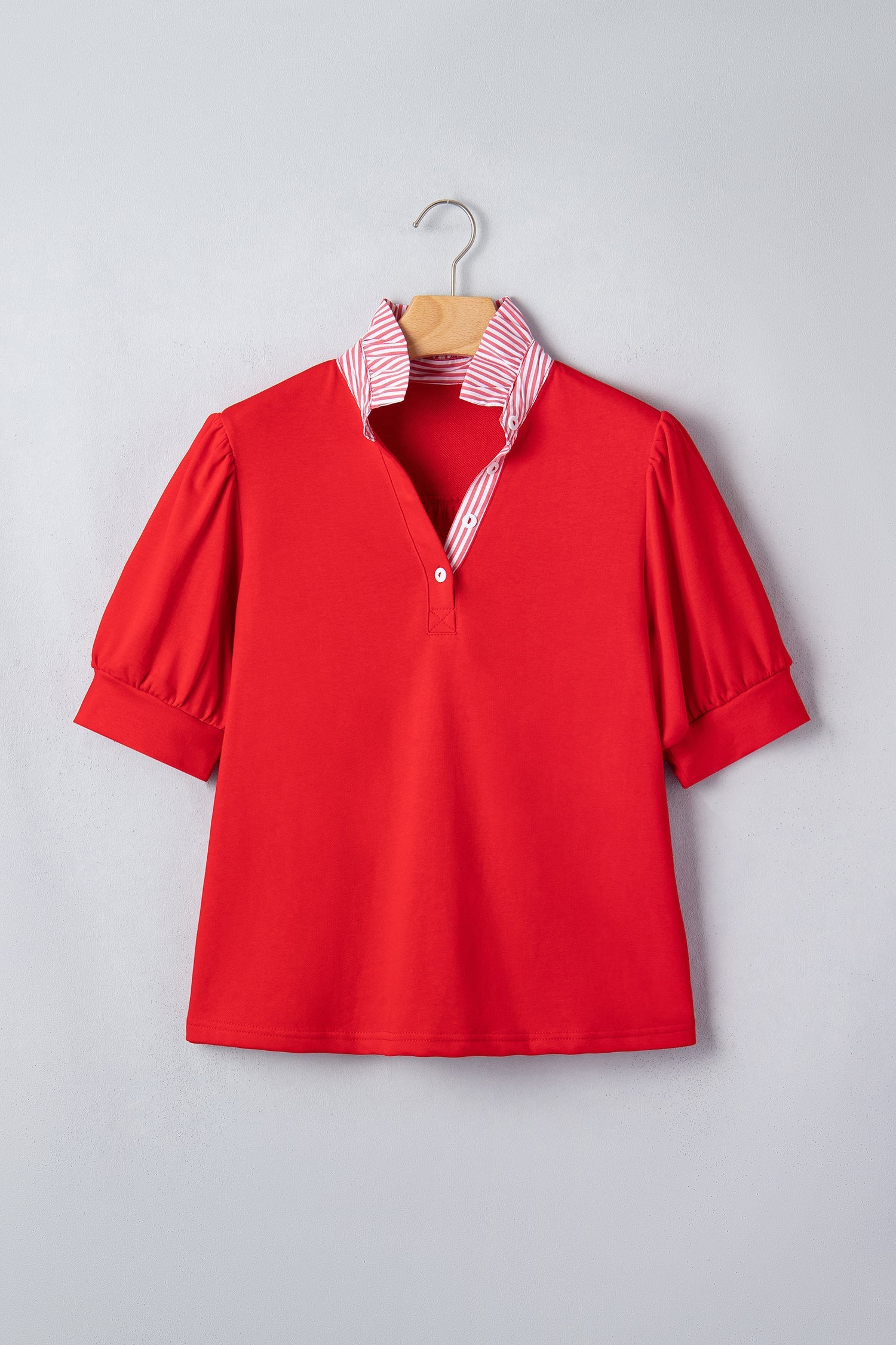Striped Short-Sleeved Frilled Collar Blouse in Fiery Red