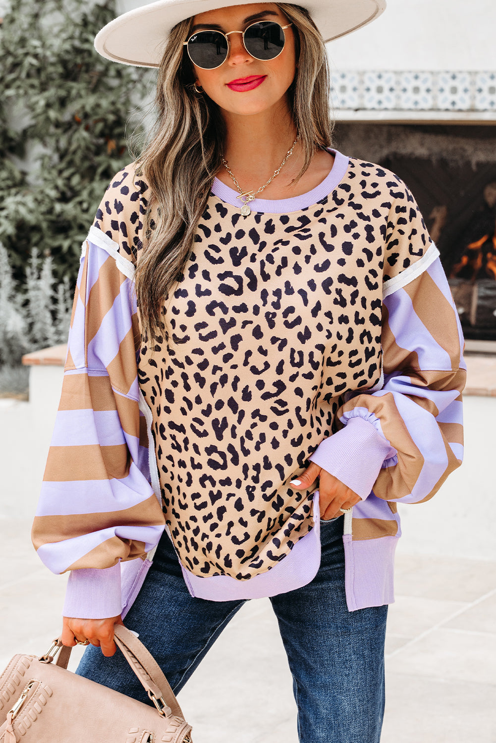 Leopard Colorblock Patchwork Everyday Sweatshirt with Slits