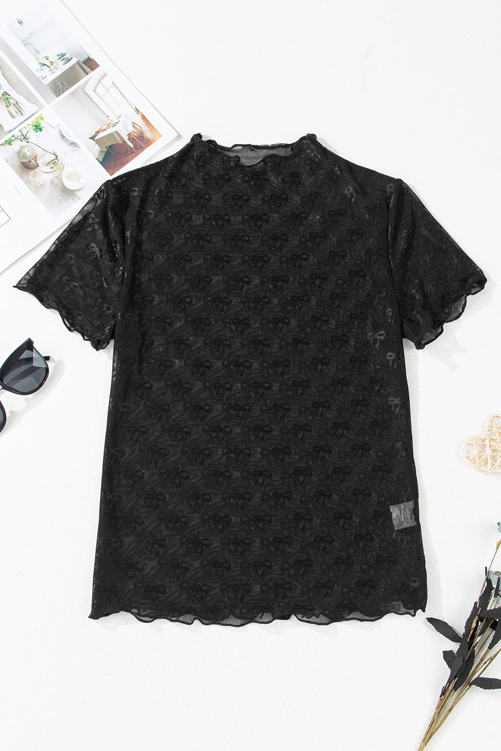 Black Bowknot Sheer Mesh Mock Neck Top
