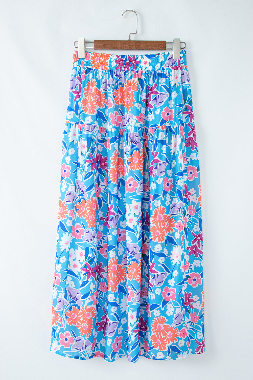 Polished Floral Sky Blue Printed High-Waisted Split Wrap Long Skirt