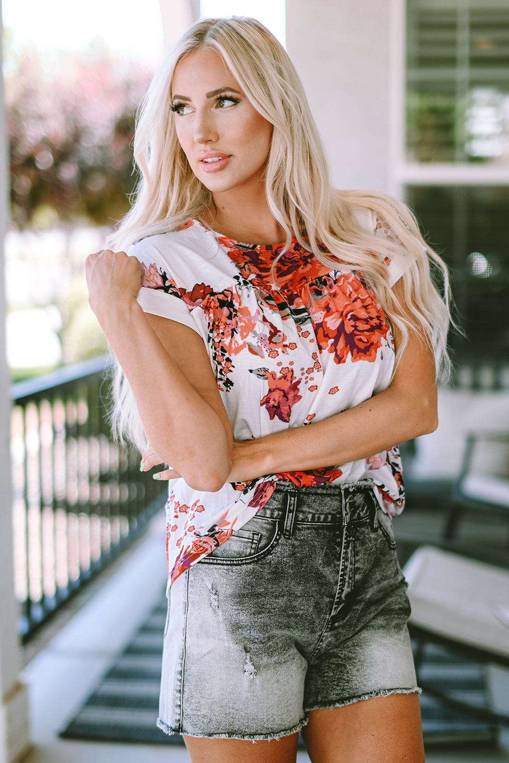Blouse for Women Short-Sleeve Round Neck Floral-Print